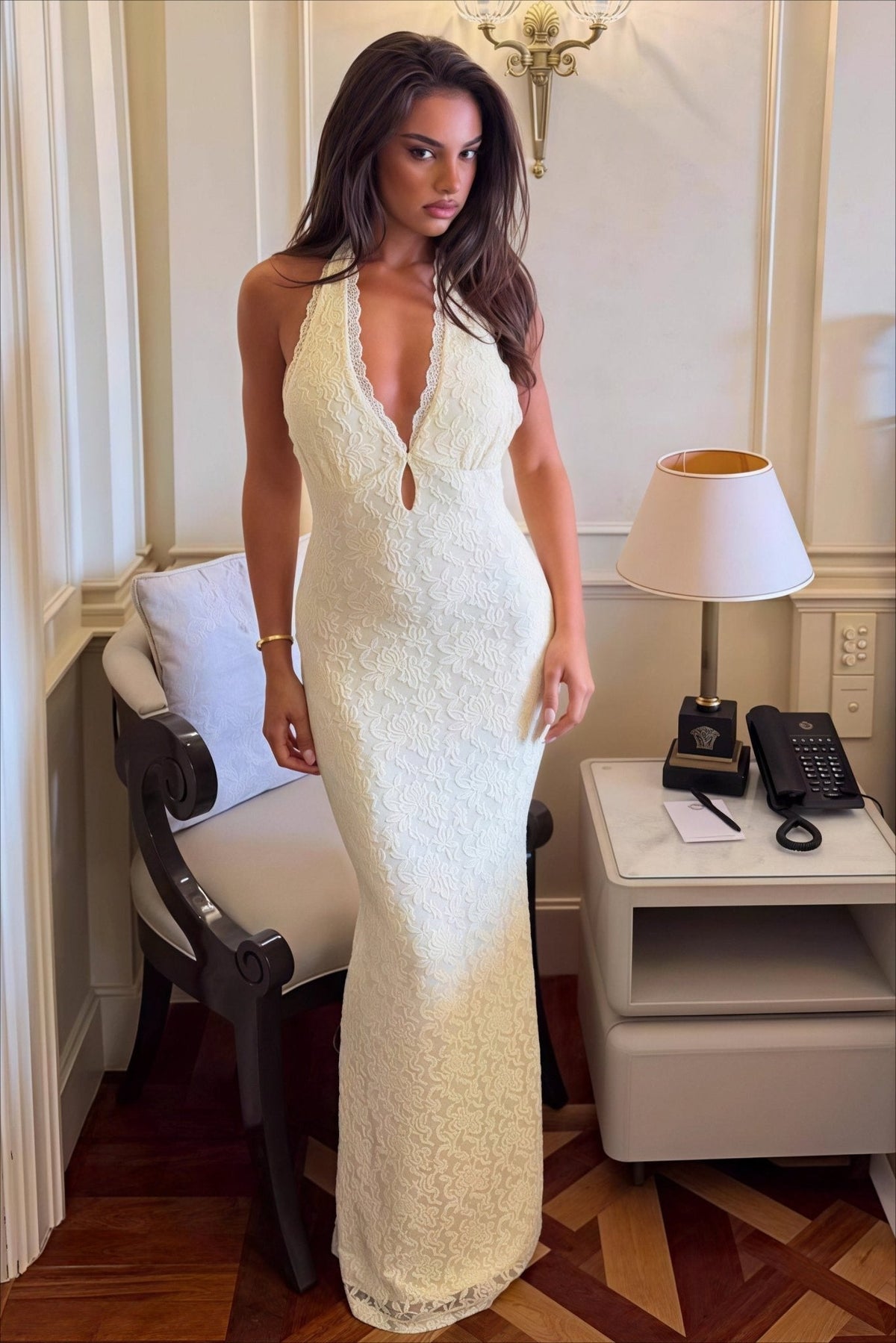 Hanna kanten bodycon-maxi-jurk met halterhals