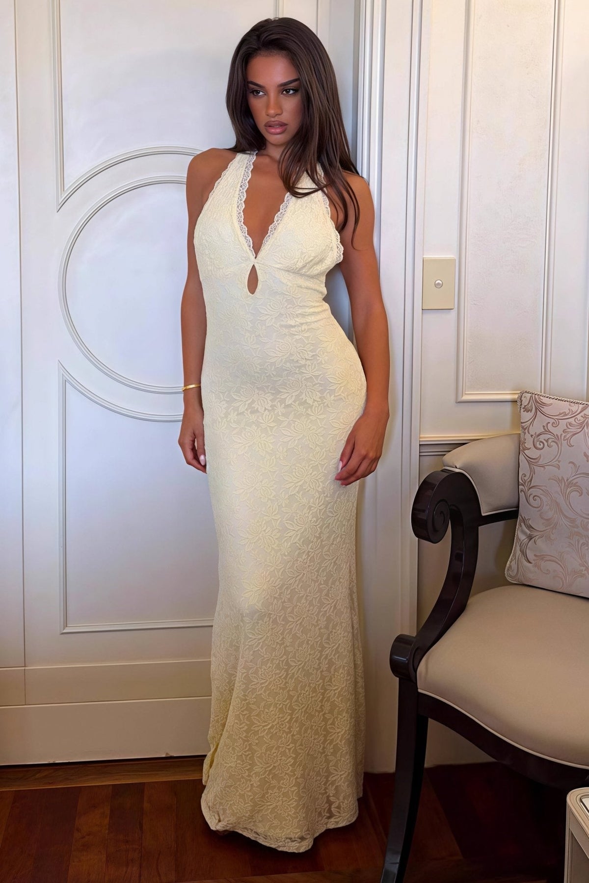 Hanna kanten bodycon-maxi-jurk met halterhals