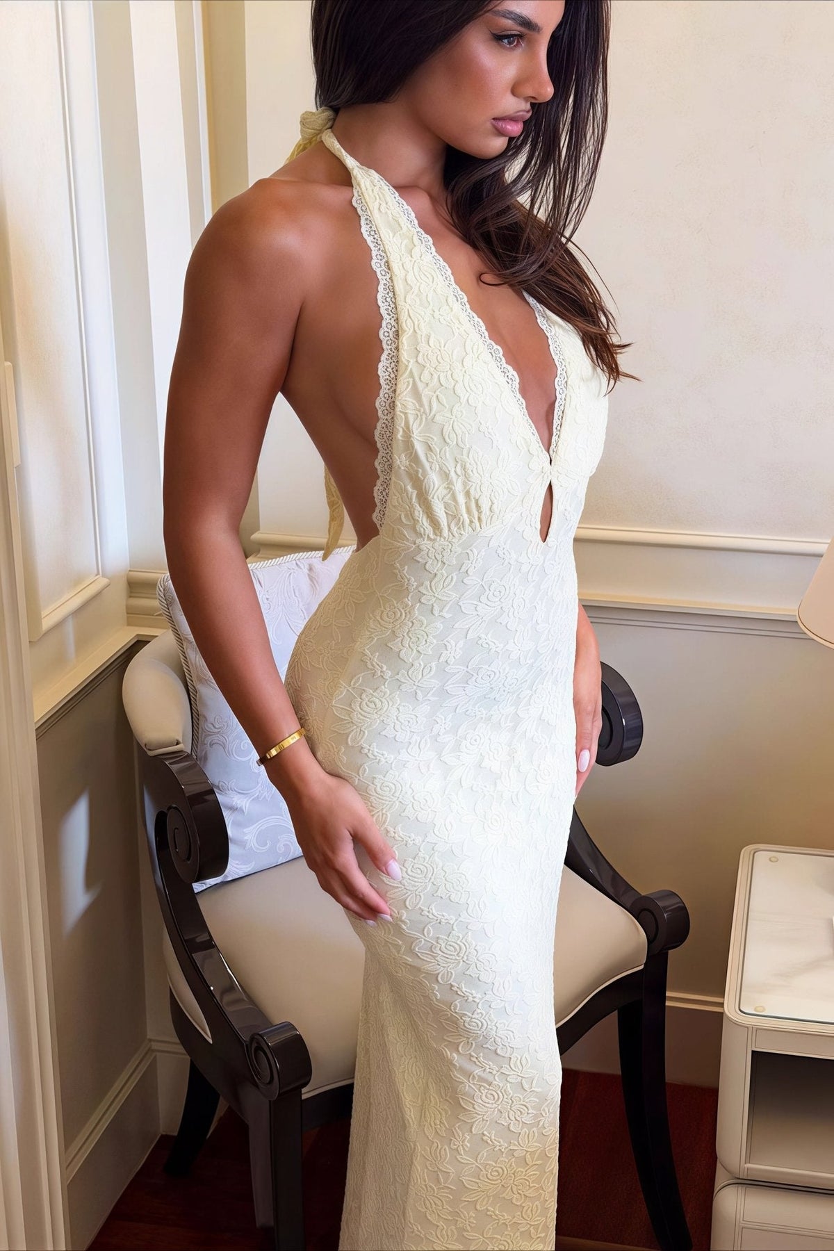 Hanna kanten bodycon-maxi-jurk met halterhals