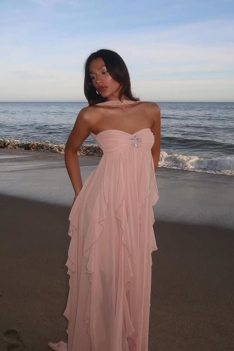 Vestido largo con volantes sin tirantes Harper