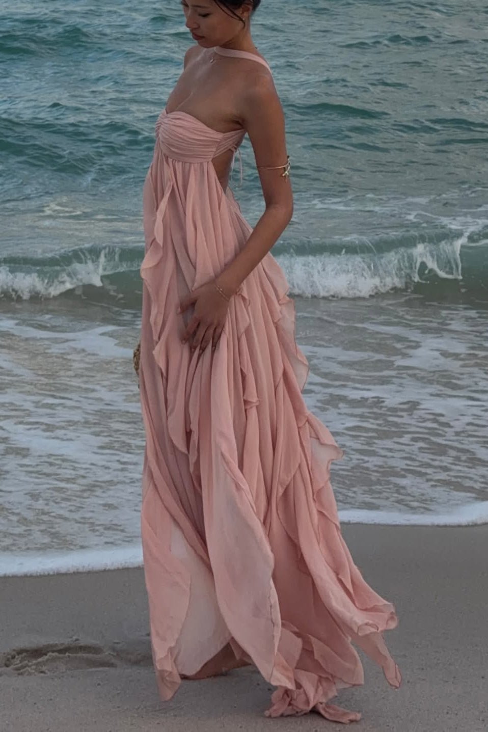 Vestido largo con volantes sin tirantes Harper