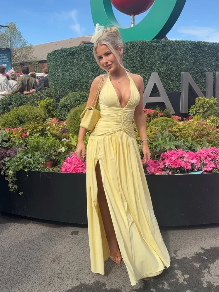 Robe longue Helena à fronces, décolleté en V plongeant et fente