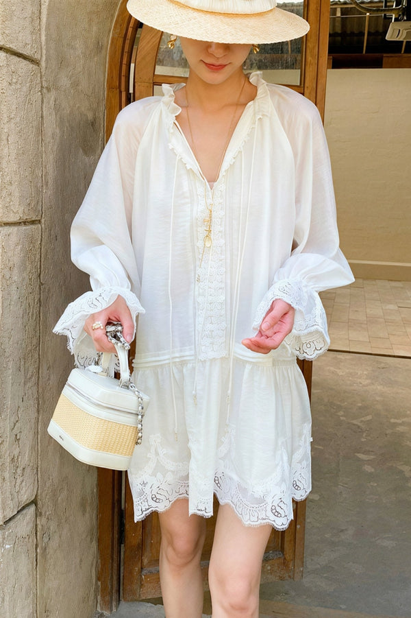 Imara Linen Lace Patchwork Midi Dress