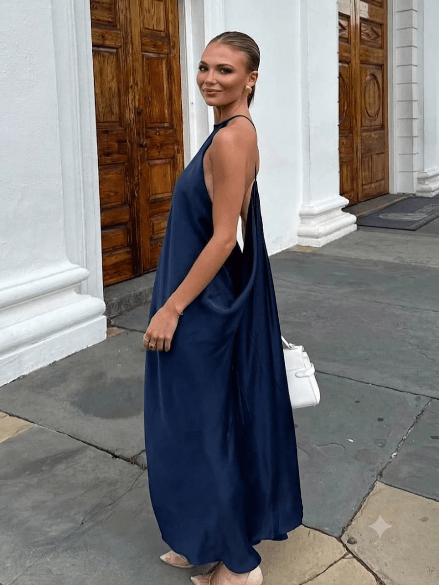 Indira satengkjole med halterneck, maxi