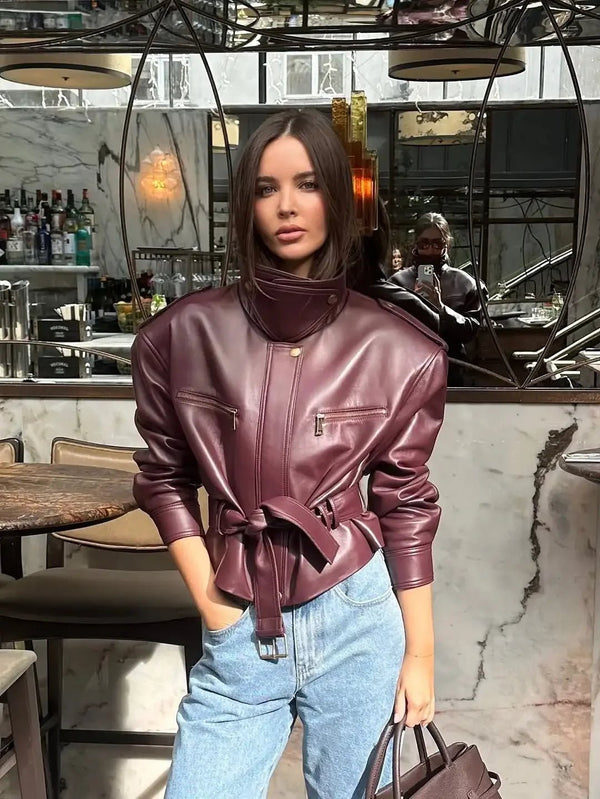 Jaqueline Belted Faux Leather Jacket