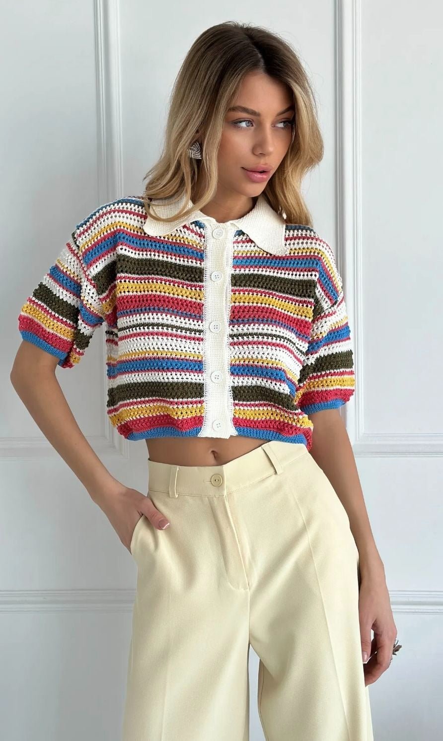 Conjunto Jasmin de camisola curta de croché e calções