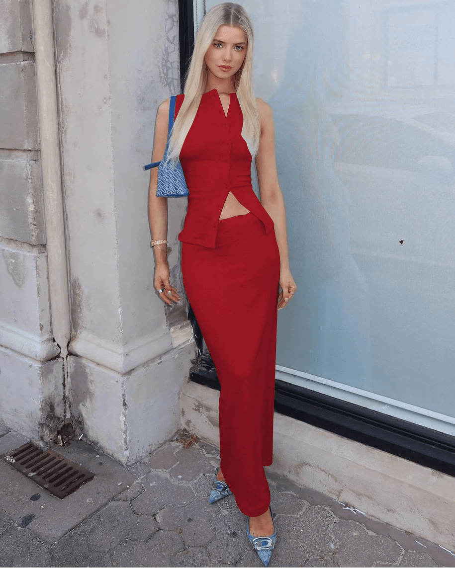 Jenny Ribbed Single-Breasted Top & Maxi Skirt Set
