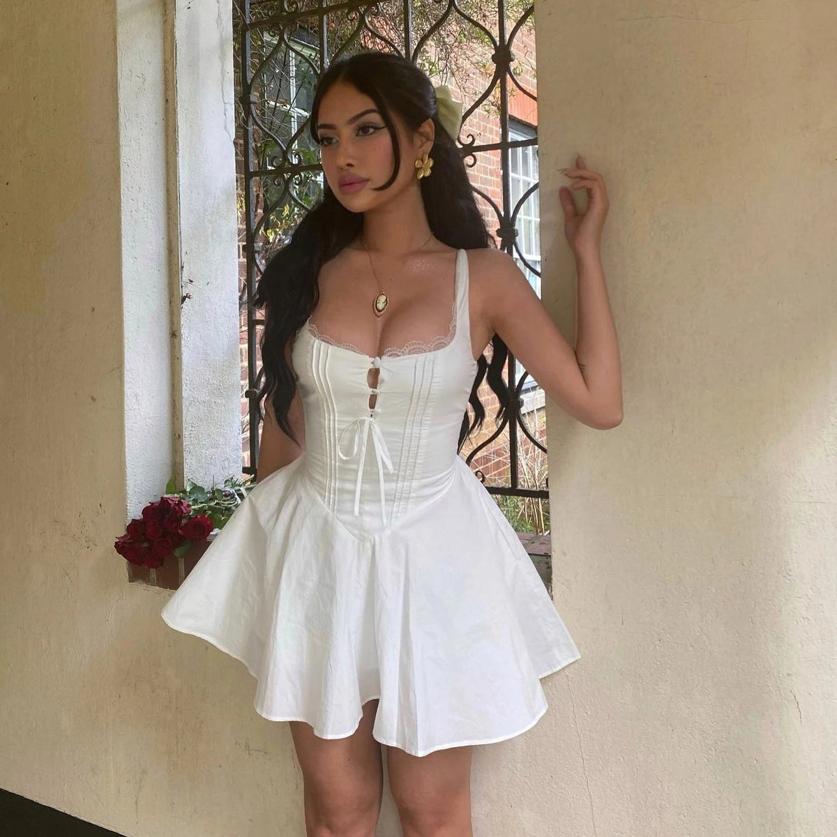 Jolie Flowy Lace Up Mini Dress