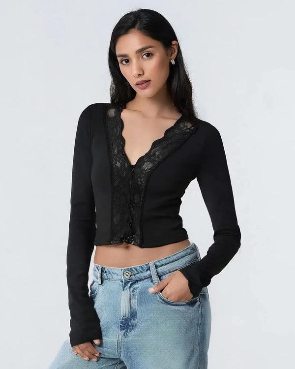 Julia Long Sleeve Lace Trim Blouse