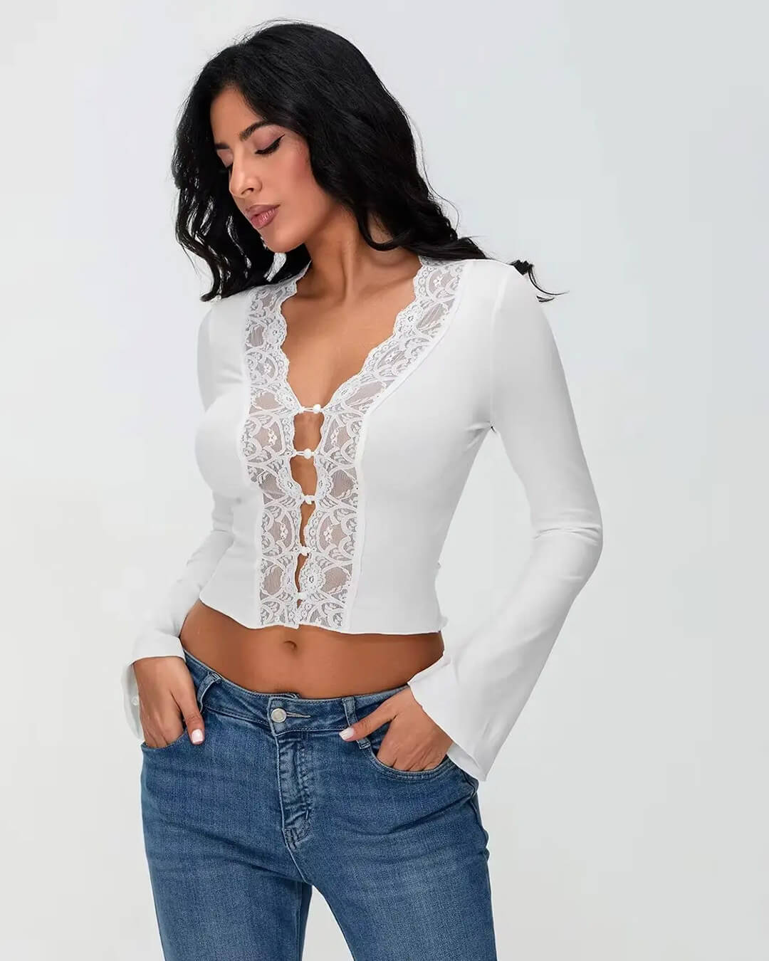 Blusa Julia de manga larga con ribete de encaje
