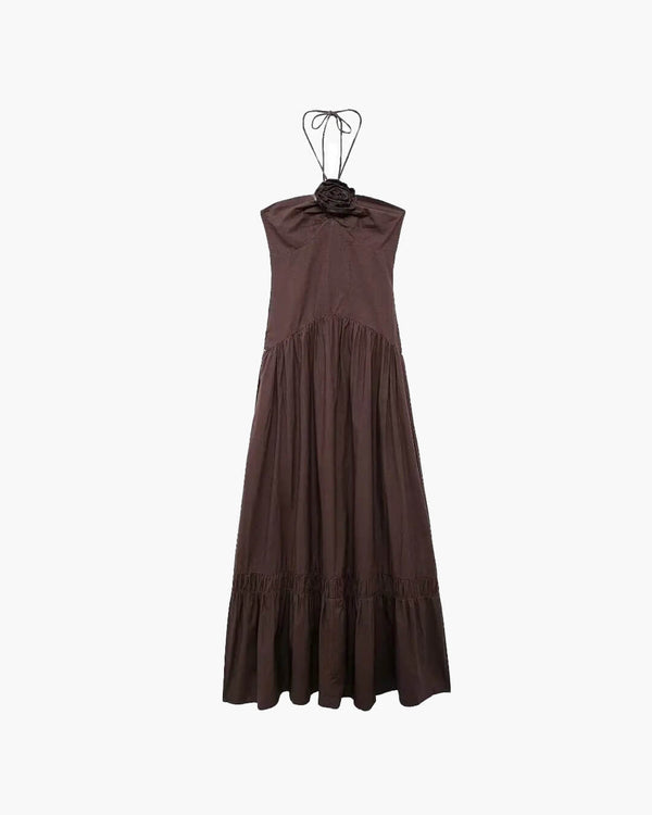 Vestido midi Kate com decote halter e aplicação de flor