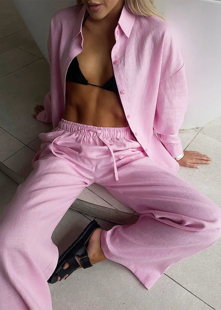 Completo Katie in cotone da casa con camicia abbottonata e pantaloni ampi