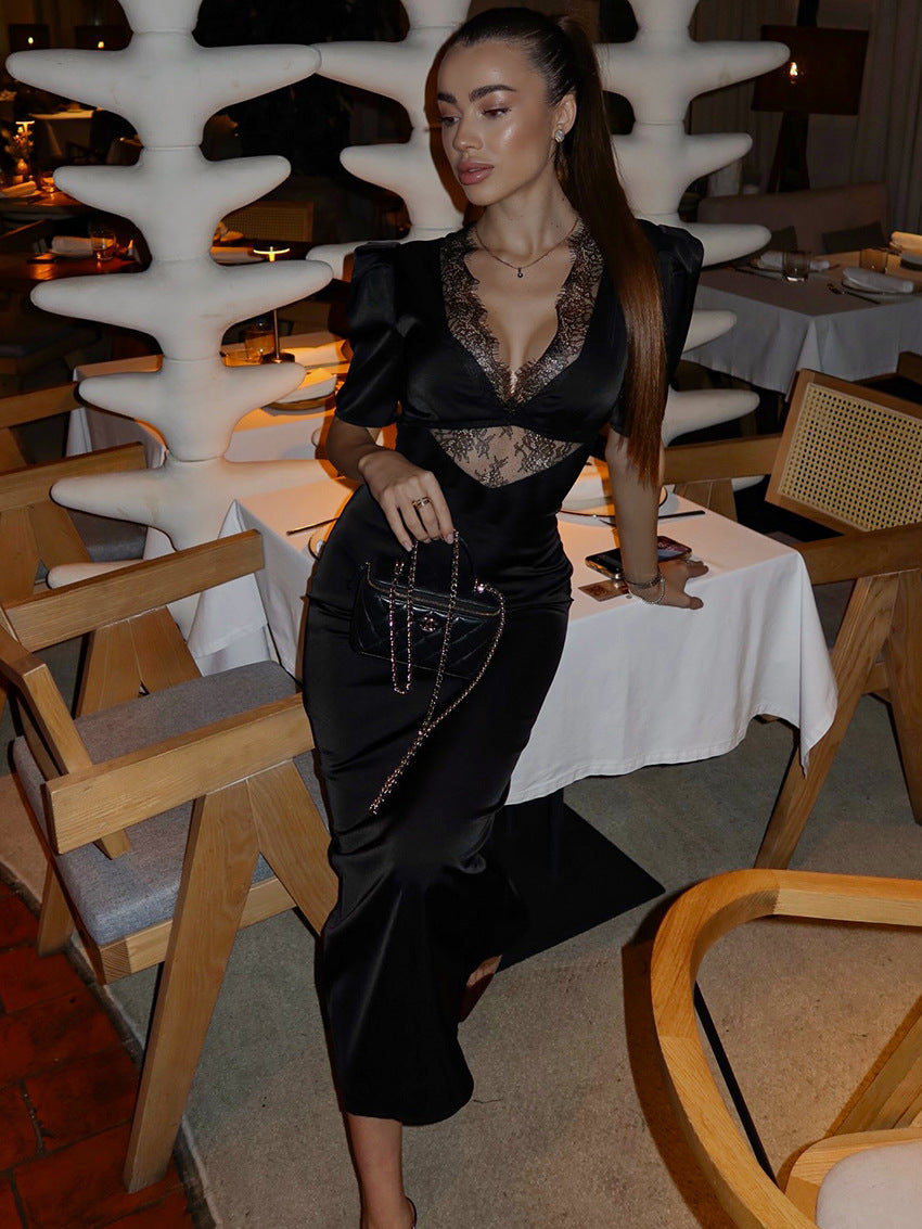 Vestido largo satinado con inserción de encaje Helene
