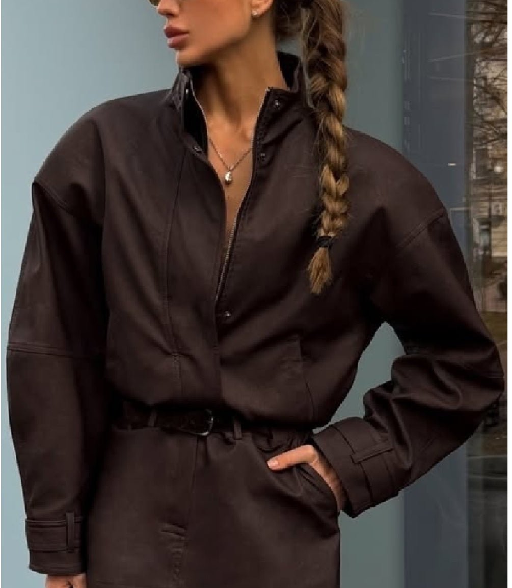 Lara Set aus Cropped-Mantel aus Veloursleder und Minirock