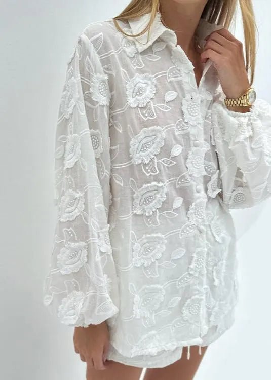 Lily Sheer Embroidered Shirt & High-Waist Shorts Set