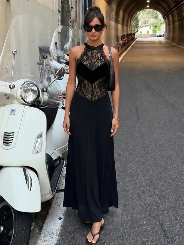 Lindsay transparentes Spitzen-Maxikleid mit Neckholder-Ausschnitt