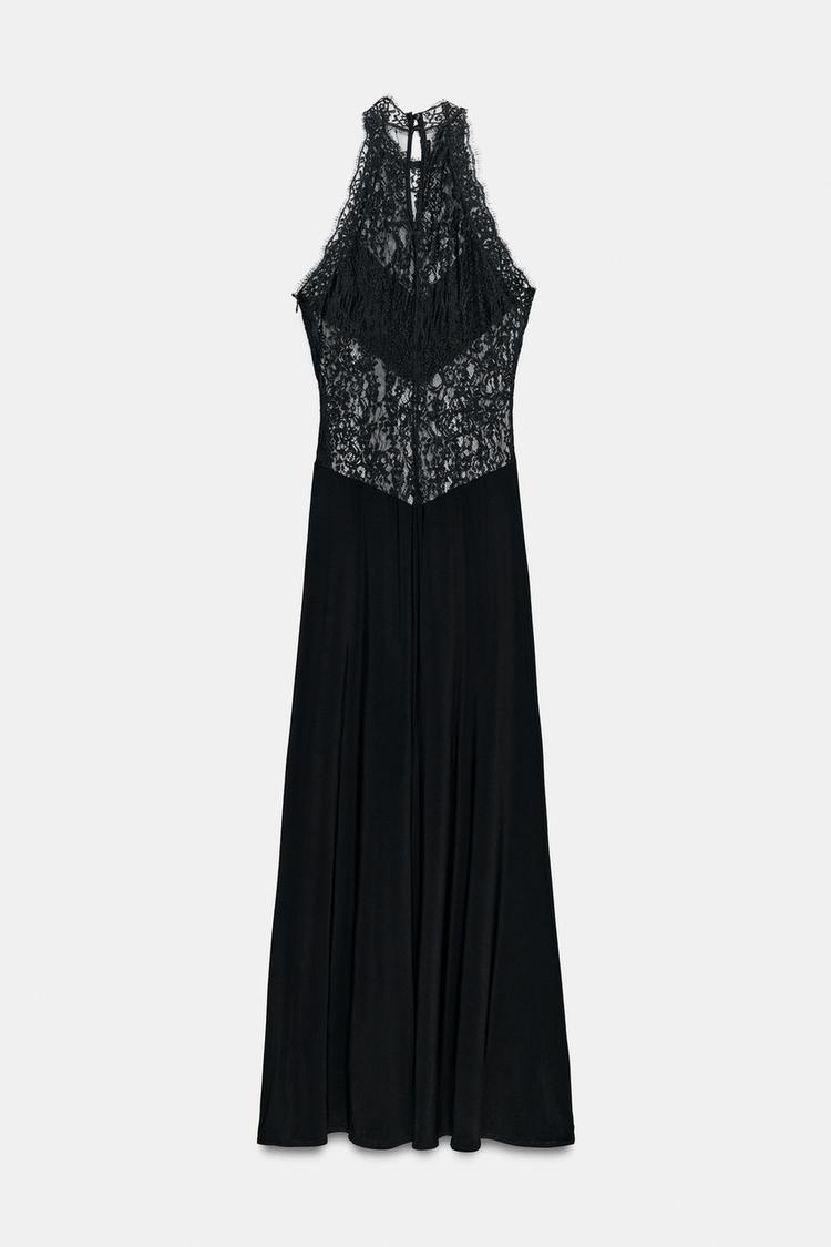 Lindsay Sheer Lace Halter Maxi Dress
