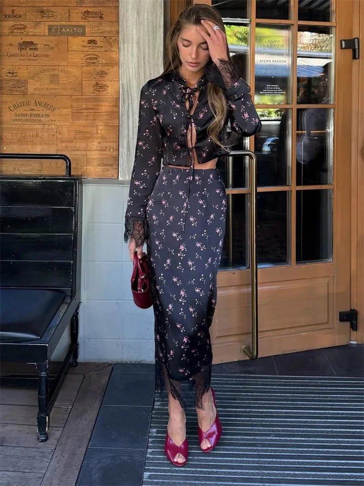 Lisa Lace Trim Floral Hollow Out Top and Maxi Skirt Set