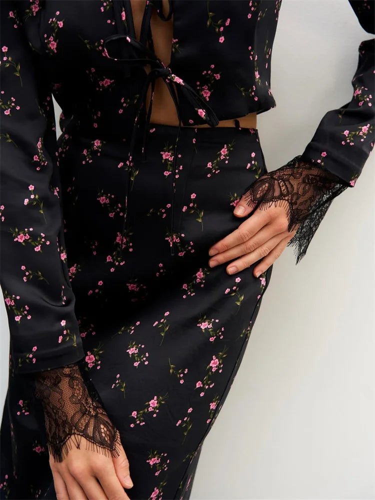 Lisa Lace Trim Floral Hollow Out Top and Maxi Skirt Set