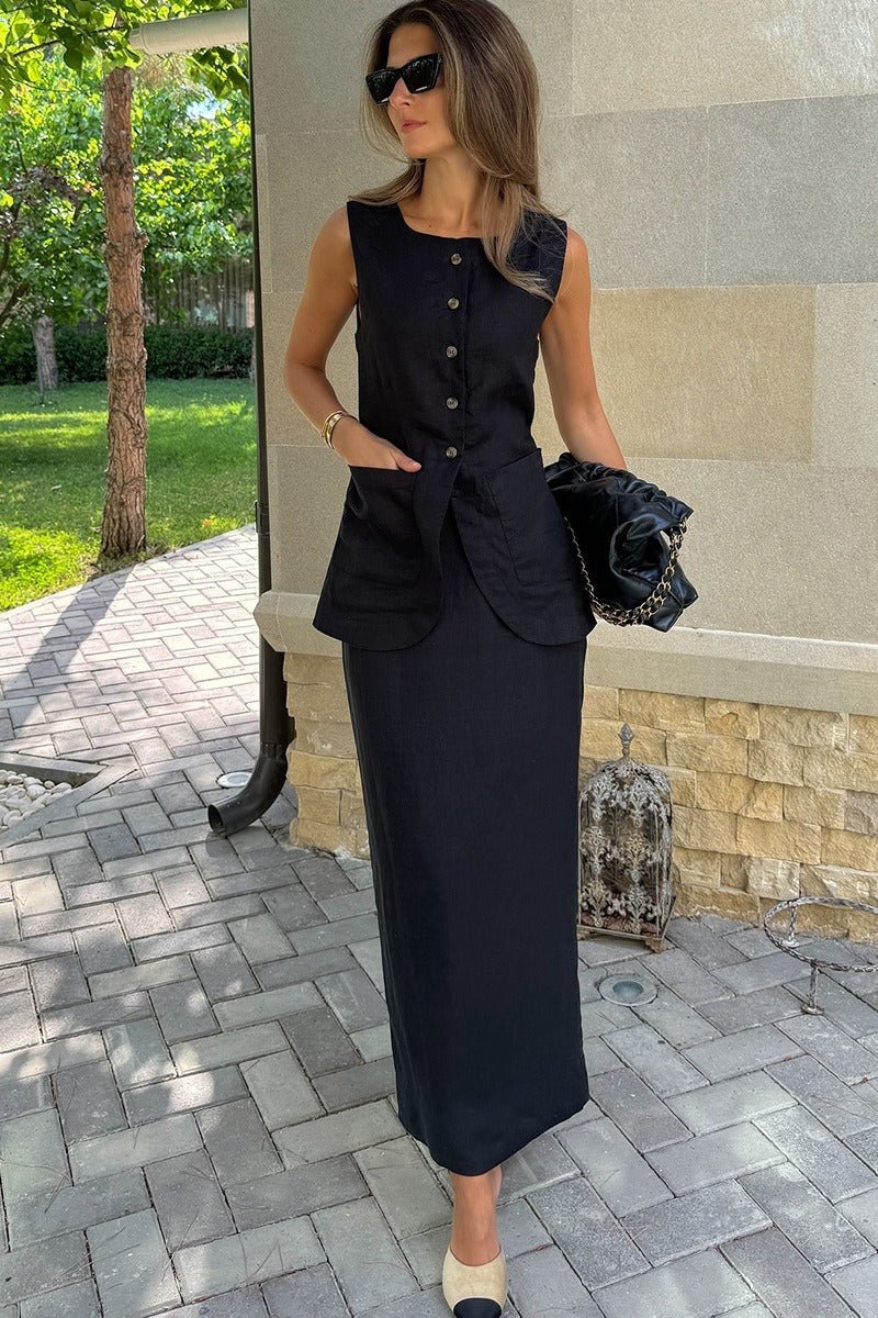 Lorelei Leinen-Set aus Weste und hoch tailliertem Rock