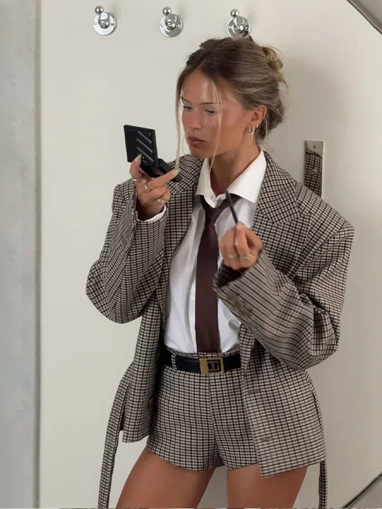 Lucy Houndstooth Belted Shorts Suit