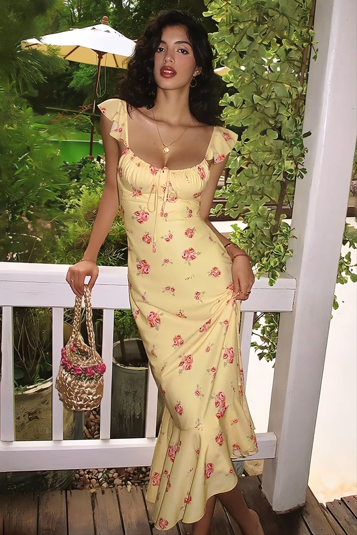 Marigold blomstret slip-midikjole