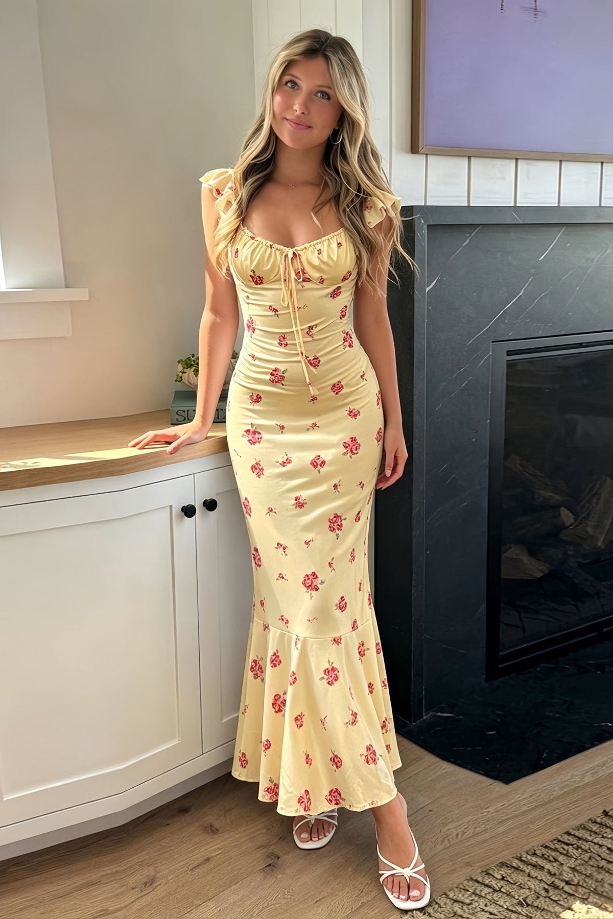 Marigold blomstret slip-midikjole
