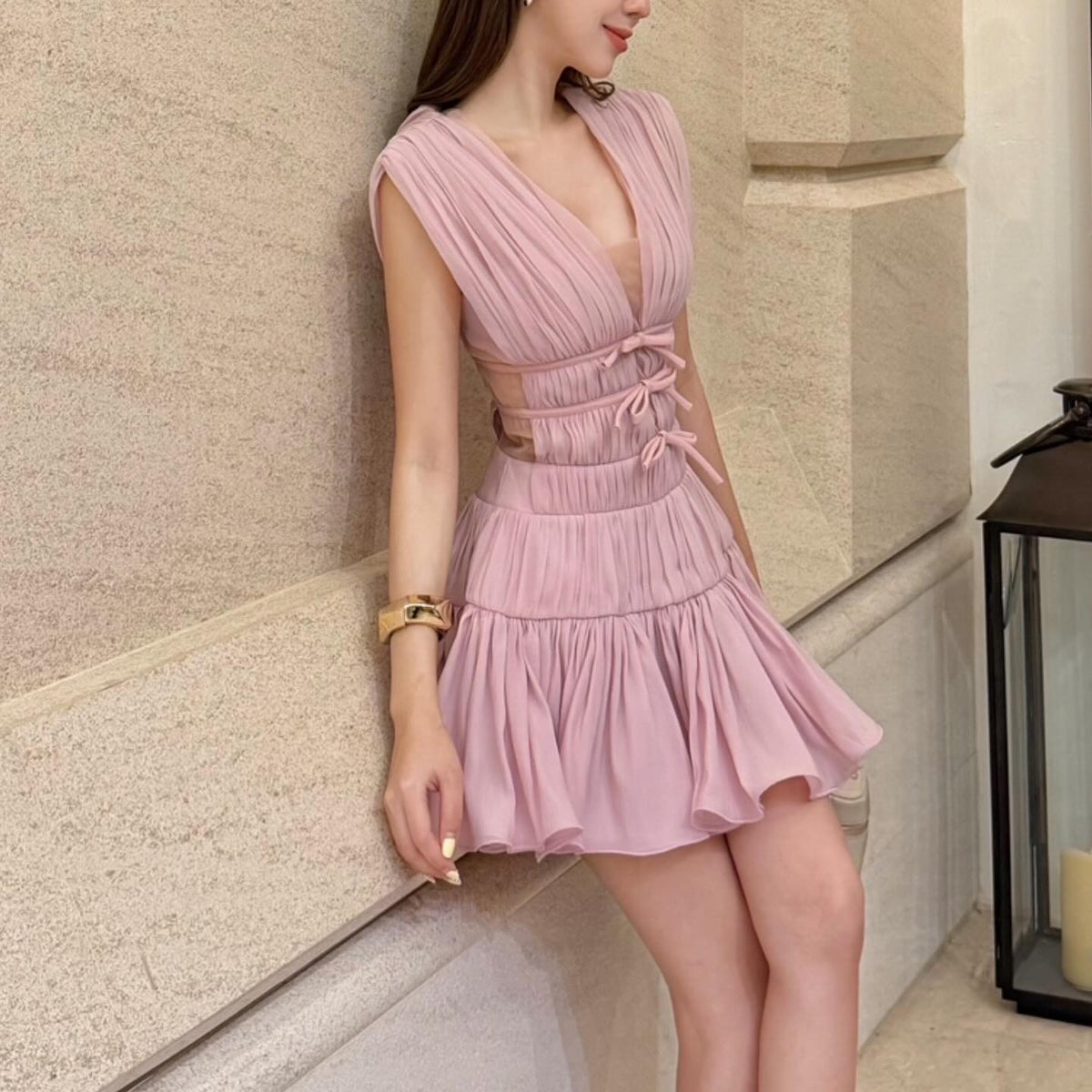Bianca Ruffled V-Neck Cocktail Dress