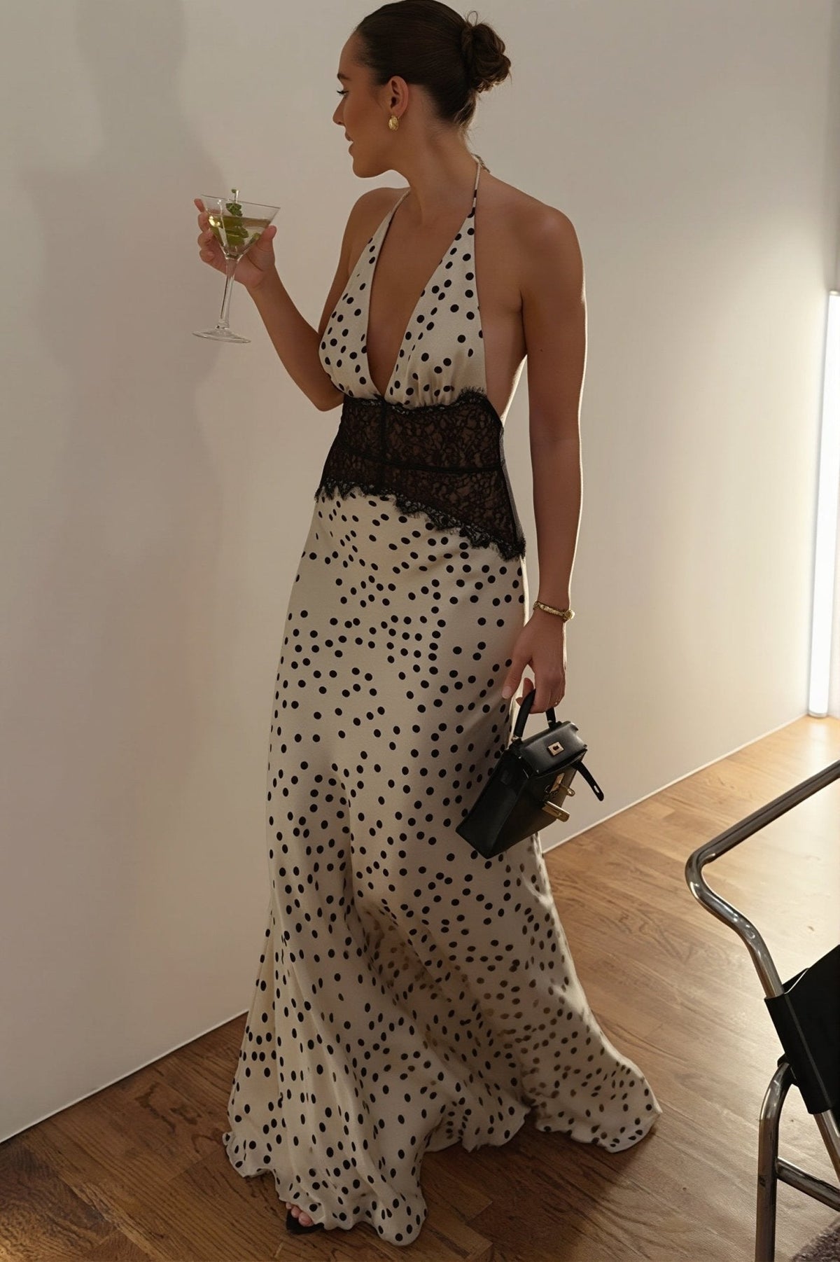 Vestido comprido de renda às bolinhas Miriam