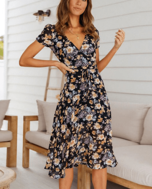 Abito midi floreale con scollo a V Mona