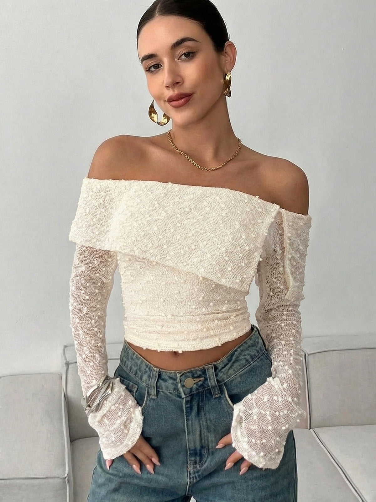 Brisa off-shoulder-top med ombukket kant
