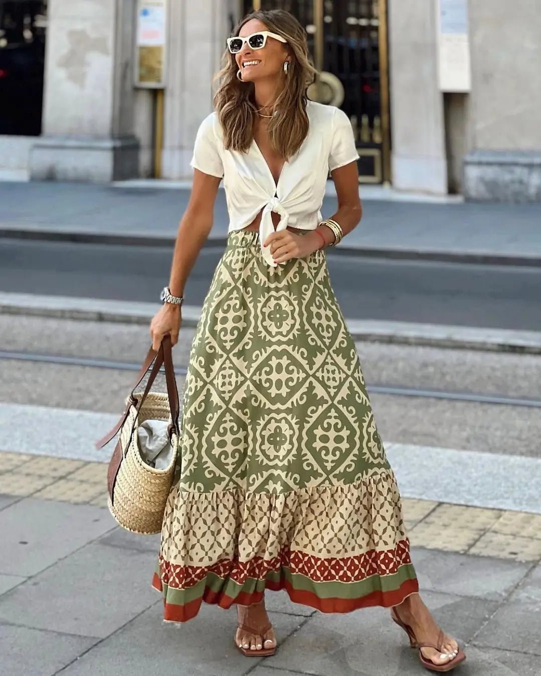 Rhea Boho Printed Midi Swing Skirt
