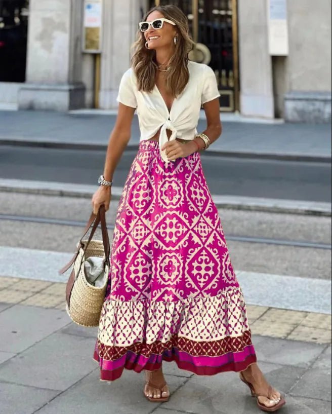 Rhea Boho Printed Midi Swing Skirt