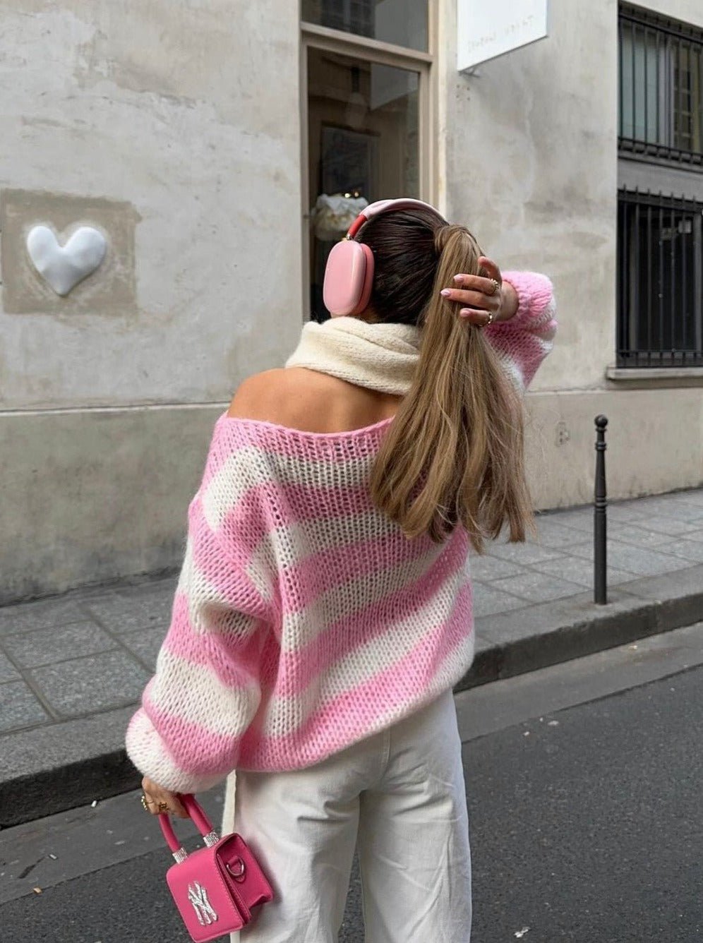 Rose gestreepte oversized trui