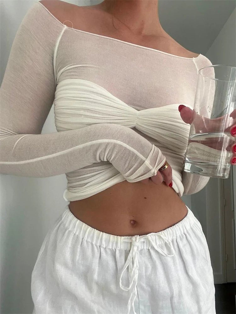 Sara gennemsigtig off-shoulder-top i mesh