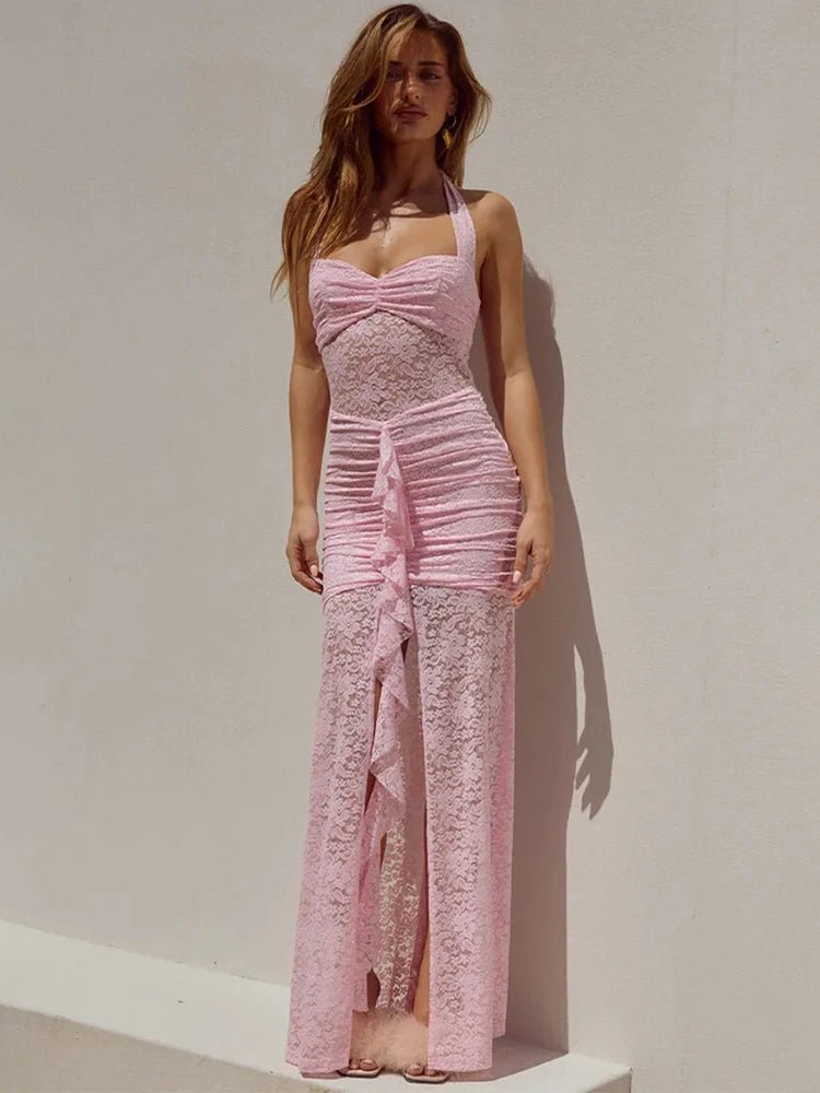Selene Lace Draped Halter Maxi Dress