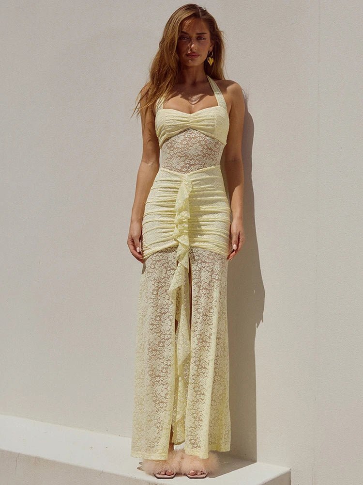 Selene Lace Draped Halter Maxi Dress
