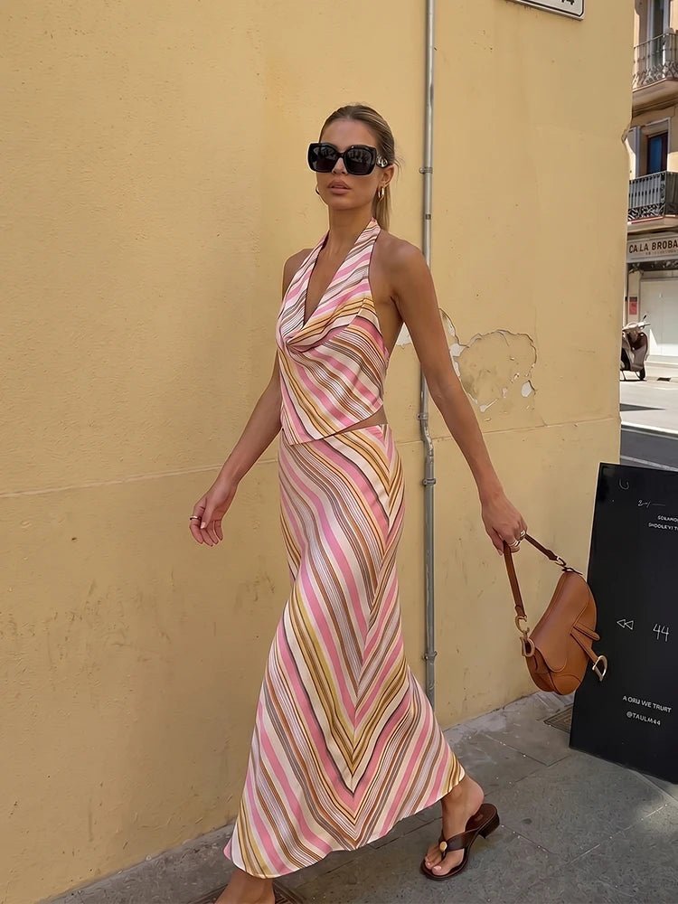 Sienna Bohemisches gestreiftes zweiteiliges Satin-Set