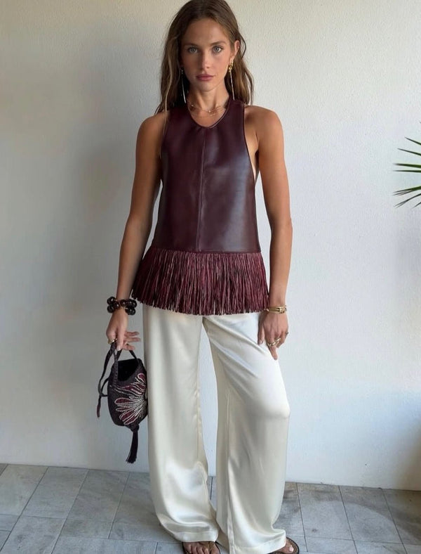 Top halter con flecos de piel sintética Sierra
