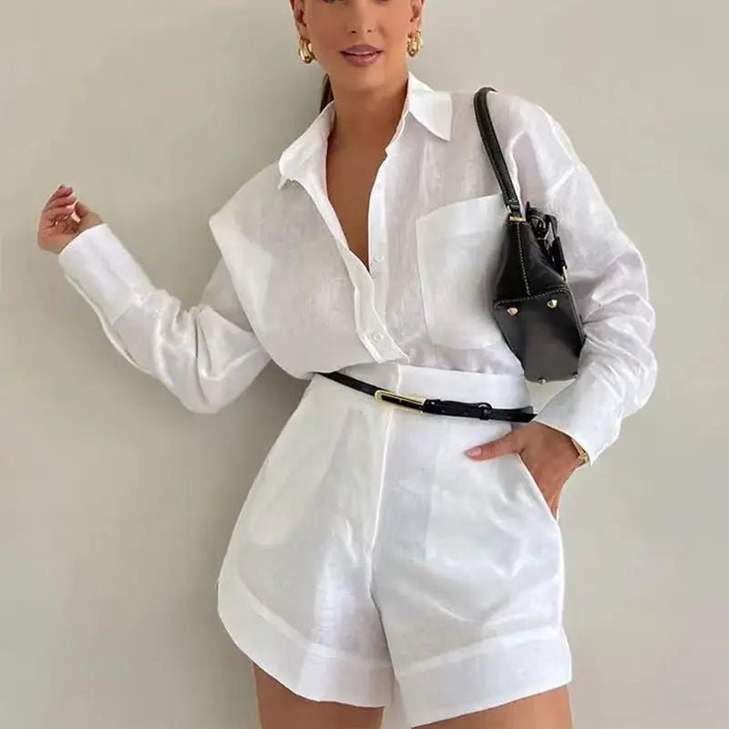 Solenn Long Sleeve High Waist Shorts Linen Set