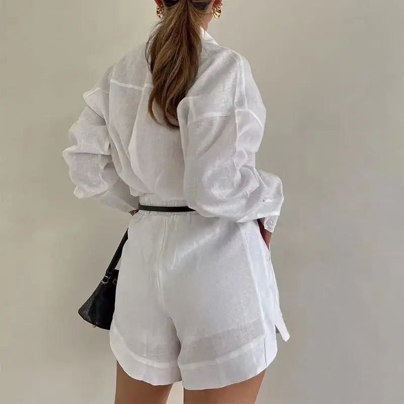 Solenn Long Sleeve High Waist Shorts Linen Set