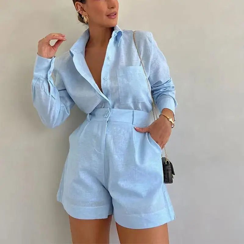 Solenn Long Sleeve High Waist Shorts Linen Set