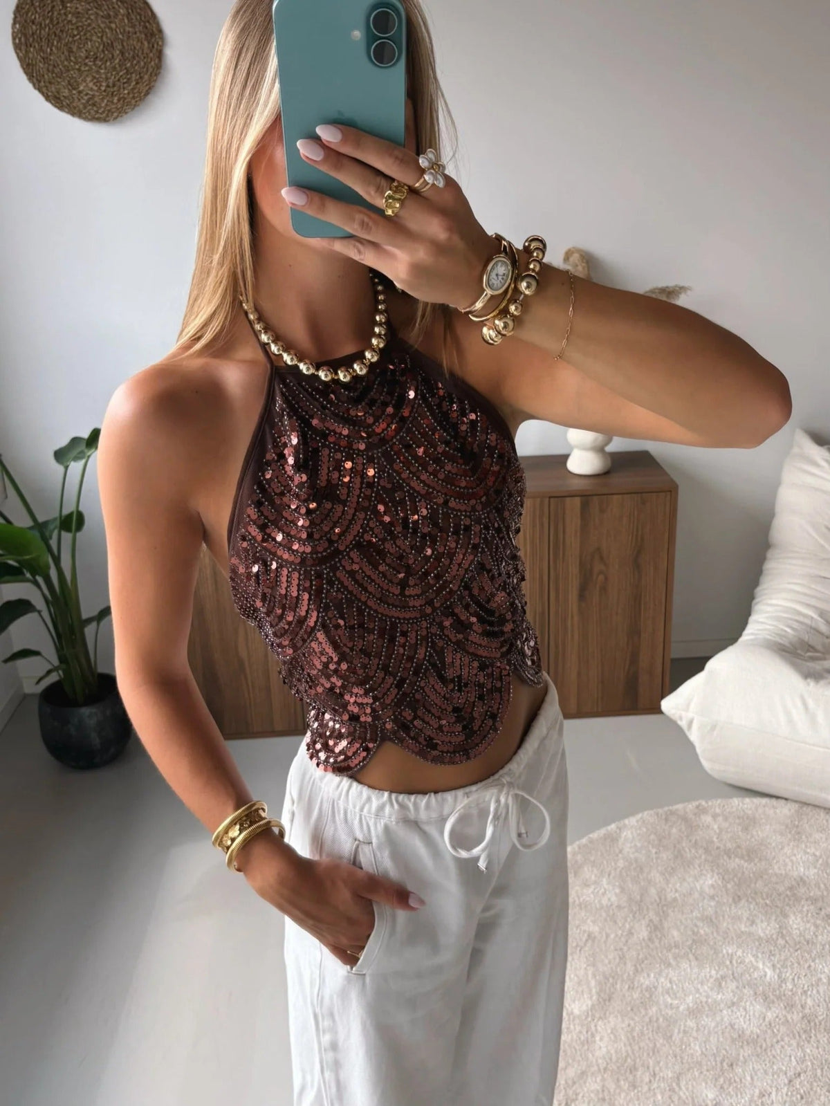 Top Sophia con paillettes e scollo all'americana