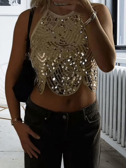 Top Sophia con paillettes e scollo all'americana