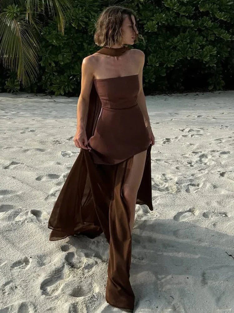 Sophia Trägerloses Mesh-Maxikleid mit Schal