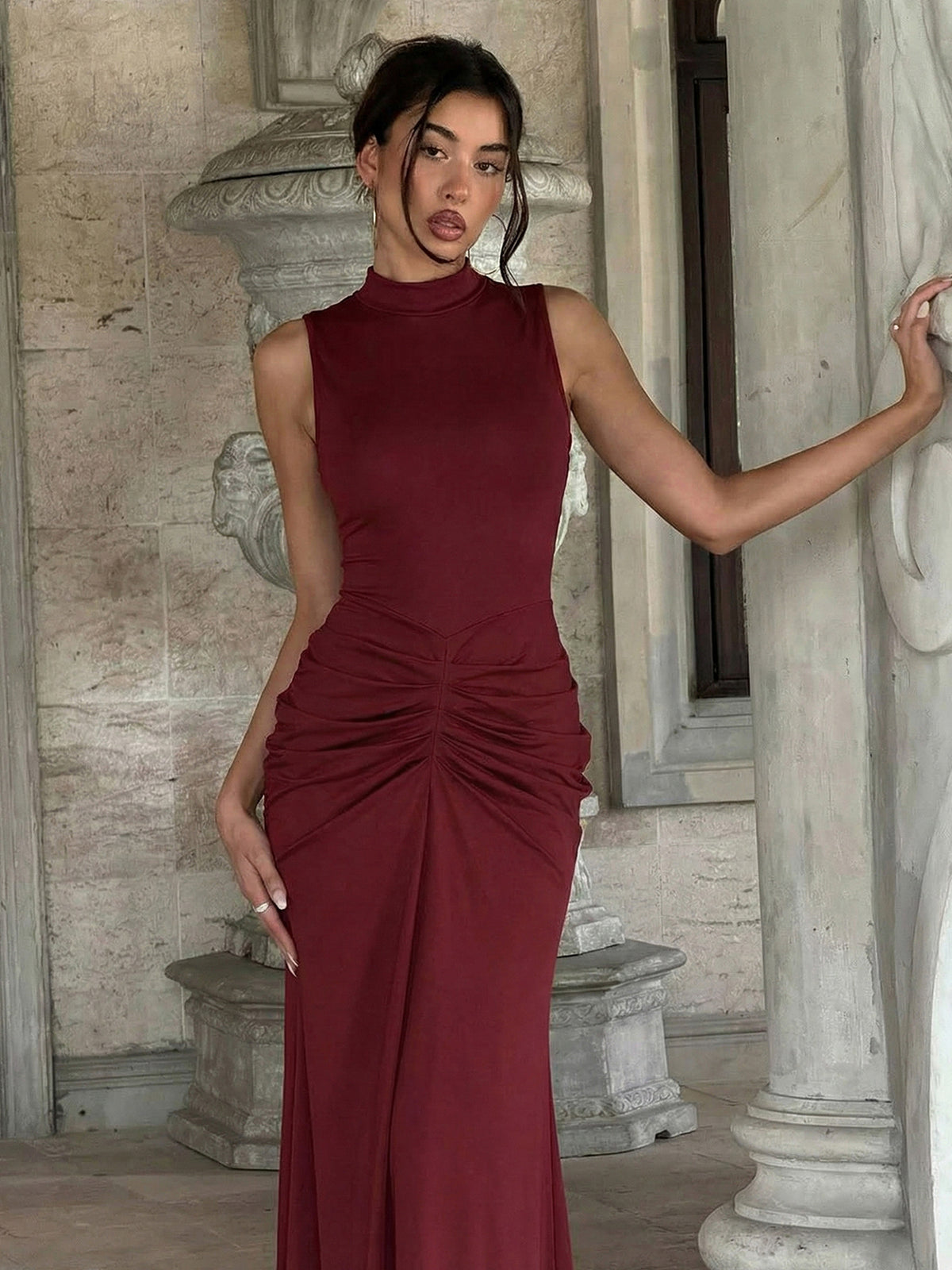Philippa Ruched High-Neck Maxi Dress