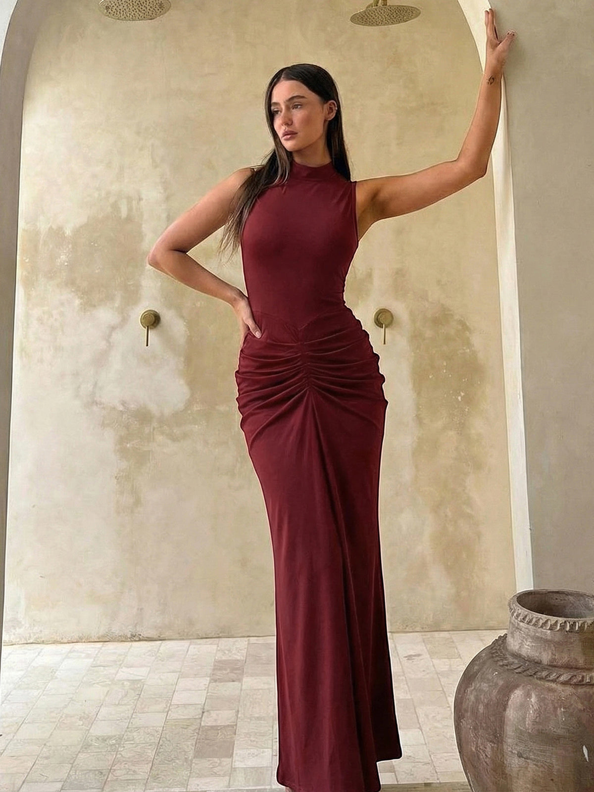 Philippa Ruched High-Neck Maxi Dress