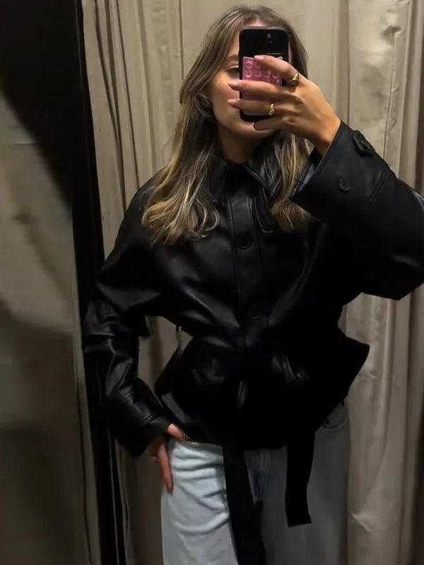 Tabitha Belted Faux Leather Jacket