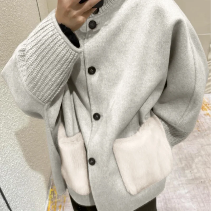 Terry Turtleneck Faux Fur Knit Coat