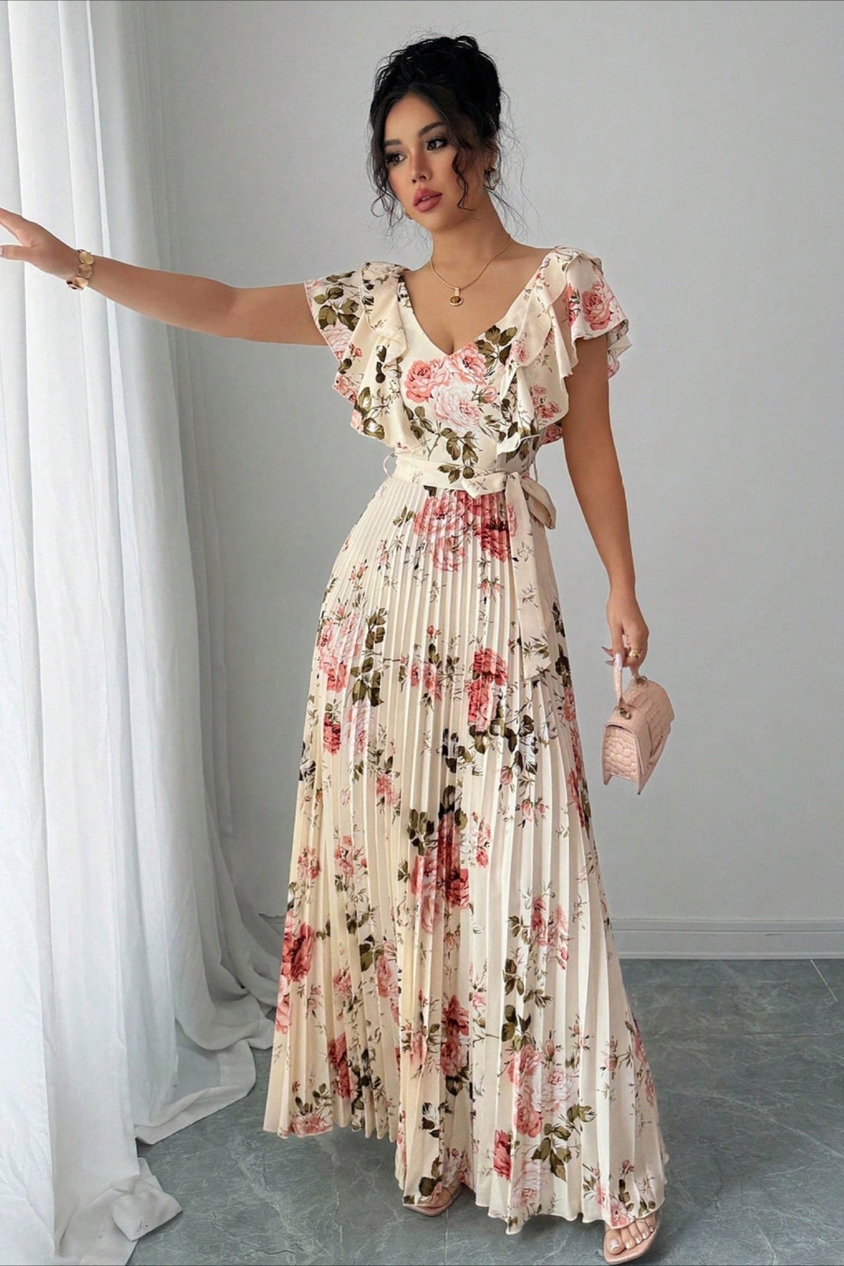 Valentina Floral V-Neck Ruffle Sleeve Maxi Dress